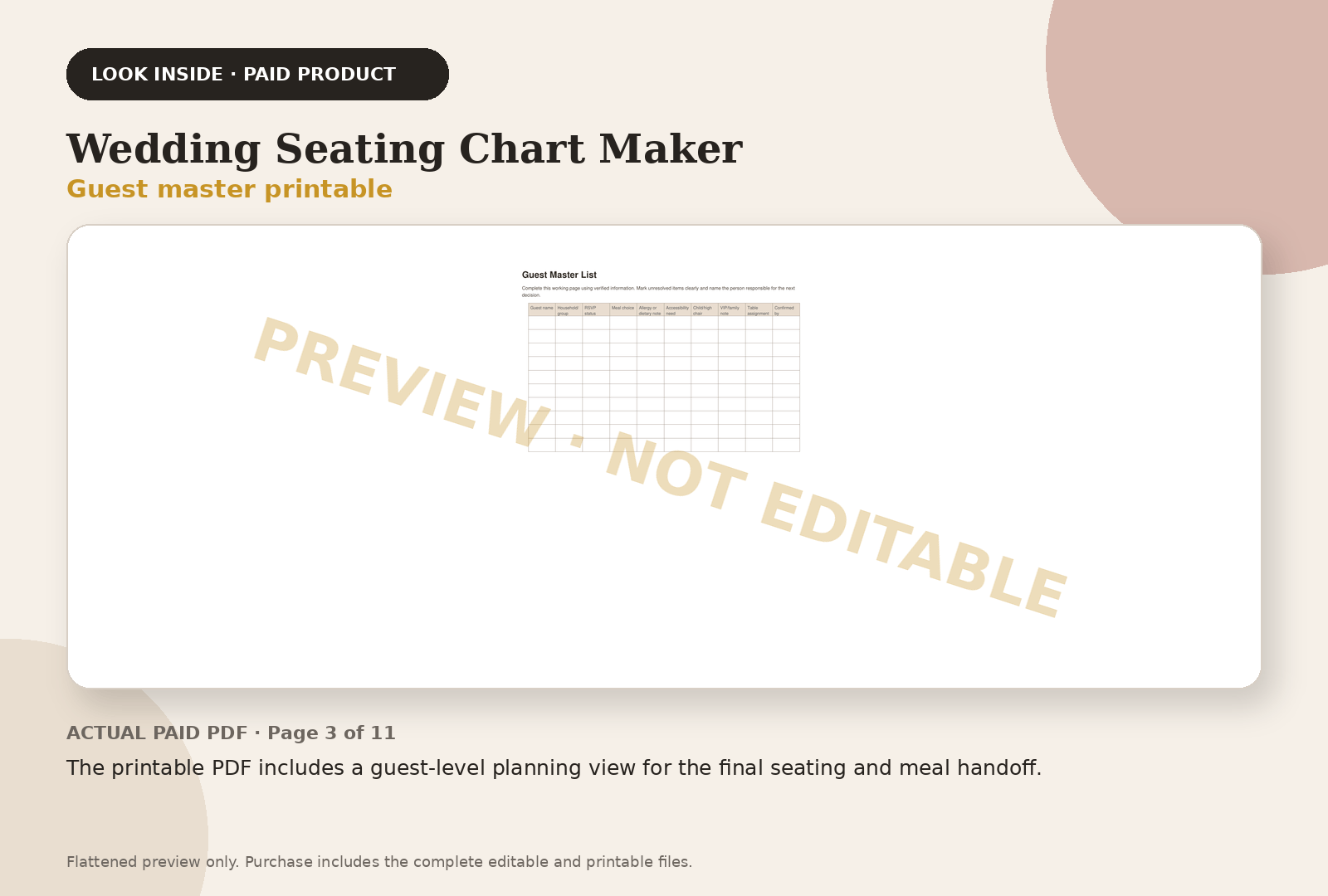 Wedding Seating Chart Maker paid product preview showing guest master printable