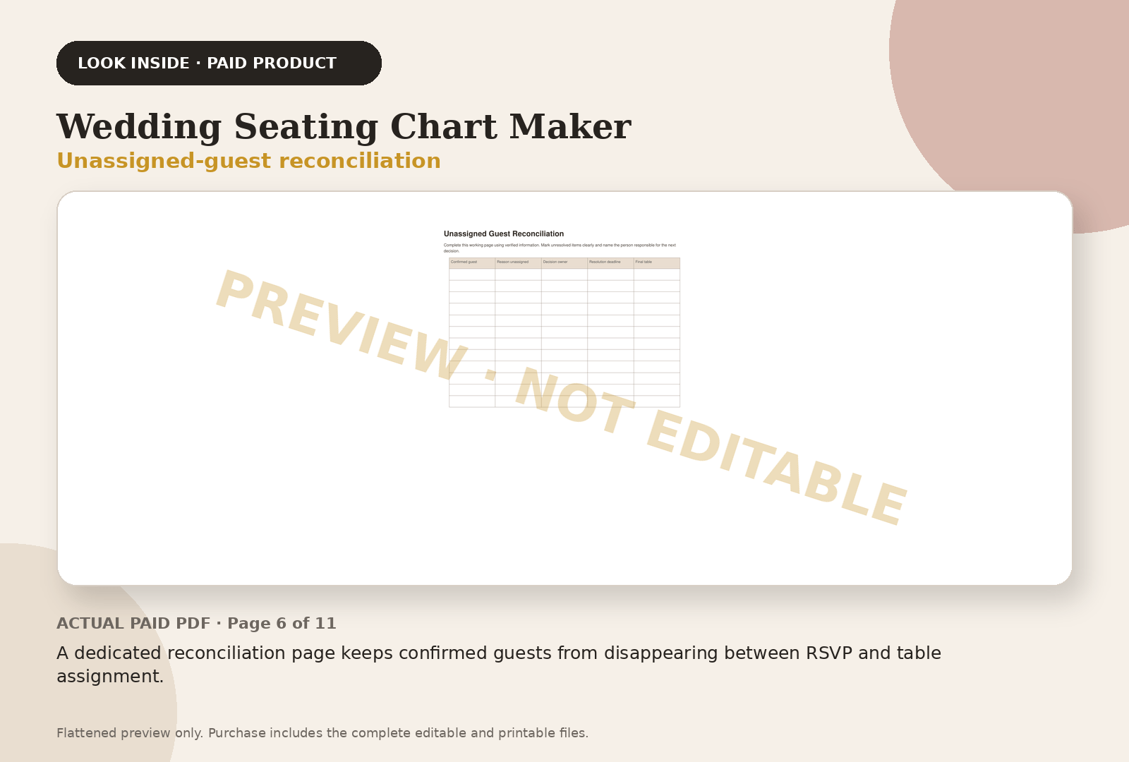 Wedding Seating Chart Maker paid product preview showing unassigned-guest reconciliation